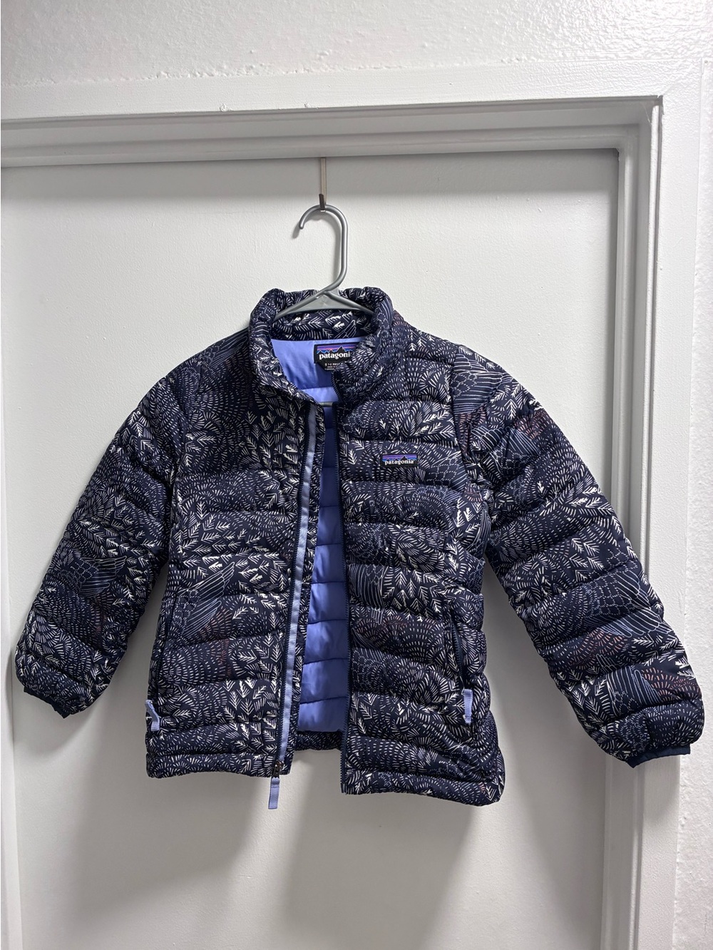 Patagonia Kids Navy Patterned Puffer with Light Blue Lining